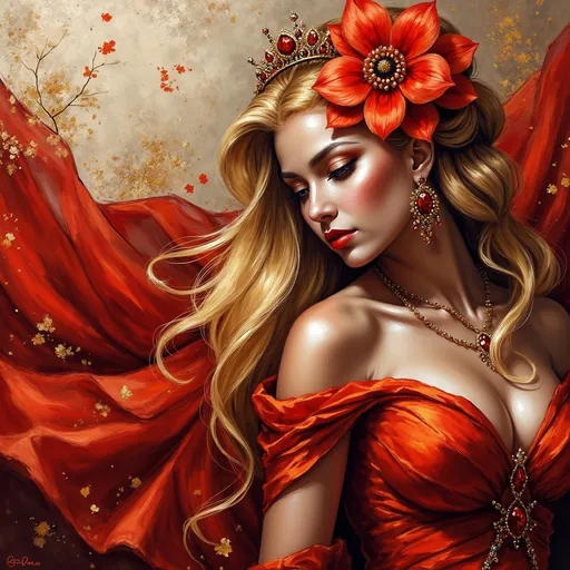 Prompt: a woman with long blonde hair and a red flower in her hair, wearing a red dress with a flower in her hair, Artur Tarnowski, figurative art, highly detailed digital painting, a photorealistic painting