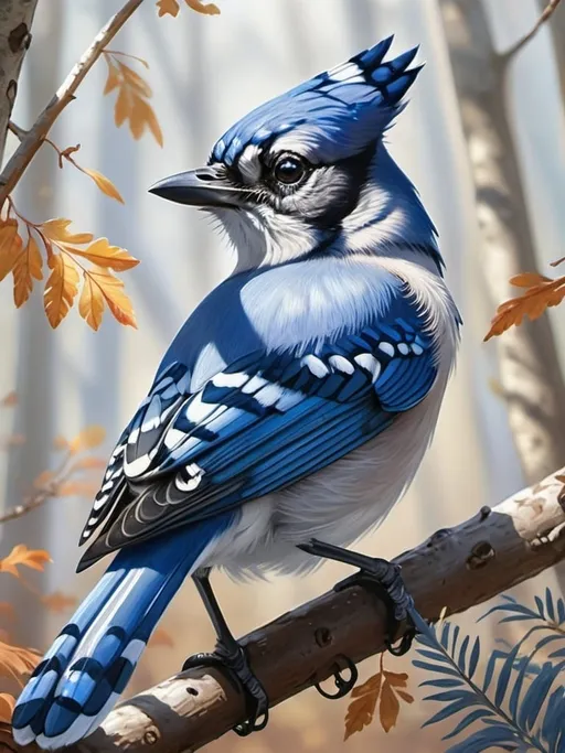 Prompt: High-quality, detailed bluejay illustration, realistic feathers, vibrant blue and white colors, natural woodland setting, bright sunlight filtering through trees, lifelike pose, intricate feathers, realistic wildlife art, artistic rendering, vibrant colors, natural lighting