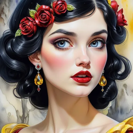 Prompt: Snow White.  beautiful woman, hair pinned up, yellow red black dress, earrings, Watercolor, trending on artstation, sharp focus,  by  Josephine Wall and Jasmine Becket-Griffith