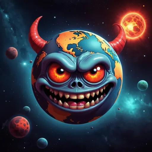 Prompt: Demonic cartoon planet in space