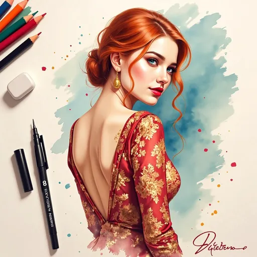 Prompt: This is a digital illustration in a hyper-realistic, semi-photographic style. The subject is a striking woman with fair skin, vivid blue eyes, and red lipstick, gazing over her shoulder with a confident, slightly seductive expression. She has sleek, deep red hair styled in an elegant, low bun with soft waves. She wears a richly detailed, red and gold, form-fitting dress with intricate floral patterns, featuring a deep, open back that reveals smooth skin. Her dress also has long sleeves adorned with similar ornate designs. She accessorizes with a single, gold, teardrop-shaped earring that dangles from her right ear. The background is a simple, gradient light blue to white, which makes the subject stand out. To the left, there are several art supplies including a black pen, a red pencil, and a white eraser, suggesting that the illustration is being created. The lighting highlights the subject's facial features and hair, creating a subtle glow around her head. The overall composition is balanced, with the subject positioned slightly to the right, and the art supplies to the left, providing a sense of depth and context.