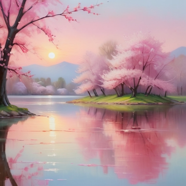 Prompt: A peaceful pink landscape, oil painting, cherry blossom trees in full bloom, serene lake reflecting the pink sky, high quality, impressionist, pastel pink tones, soft lighting