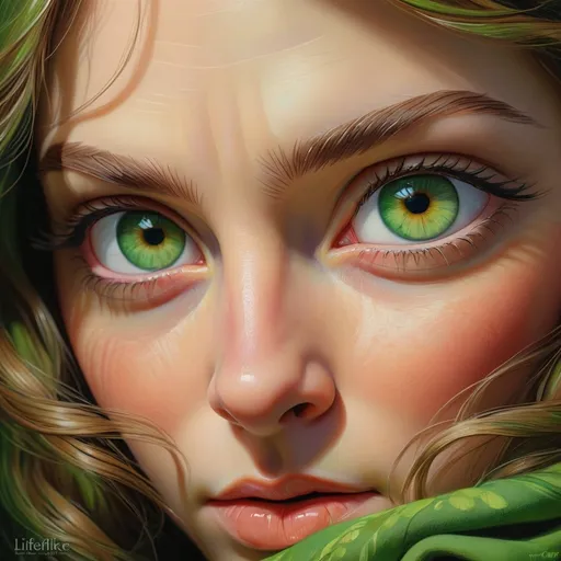 Prompt: Close-up, realistic painting of mesmerizing green eyes, lifelike details, vibrant shades of green, subtle reflections, high resolution, realistic painting, detailed facial features, intense gaze, professional, lifelike, vibrant green, high quality, realistic, detailed, atmospheric lighting