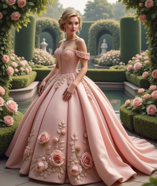 Prompt: Elegantly poised in a lush, formal garden, a young woman captivates with her stunning presence, dressed in an exquisite gown of soft pink, intricately embroidered with floral motifs that cascade down the full skirt. Her off-shoulder neckline and fitted bodice enhance her graceful silhouette, while a delicate tiara adorns her elegantly styled hair, complementing her refined beauty. The surrounding scene is bathed in gentle sunlight, highlighting the manicured hedges and vibrant rose bushes that frame a serene water feature, evoking a sense of serenity and romance. With a slight smile and poised demeanor, she exudes confidence and charm, embodying a fairytale-like moment amidst the tranquil landscape. The overall atmosphere is one of enchantment and opulence, inviting viewers to lose themselves in this magical setting.