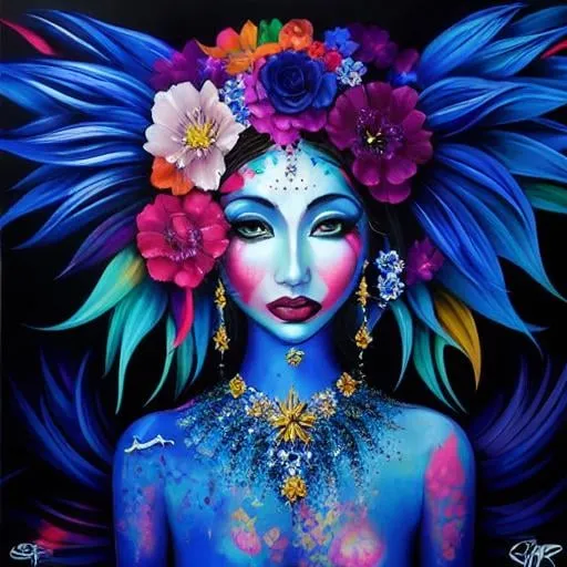 Prompt: Flower Siren graffiti art, splash art, street art, spray paint, oil gouache melting, acrylic, high contrast, colorful polychromatic, ultra detailed, ultra quality, CGSociety