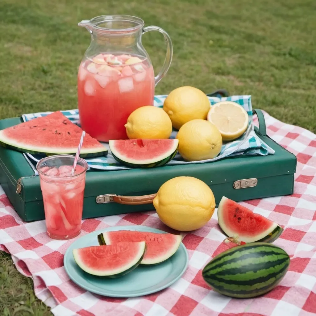 Prompt: A picnic scene with lemonade and watermelon