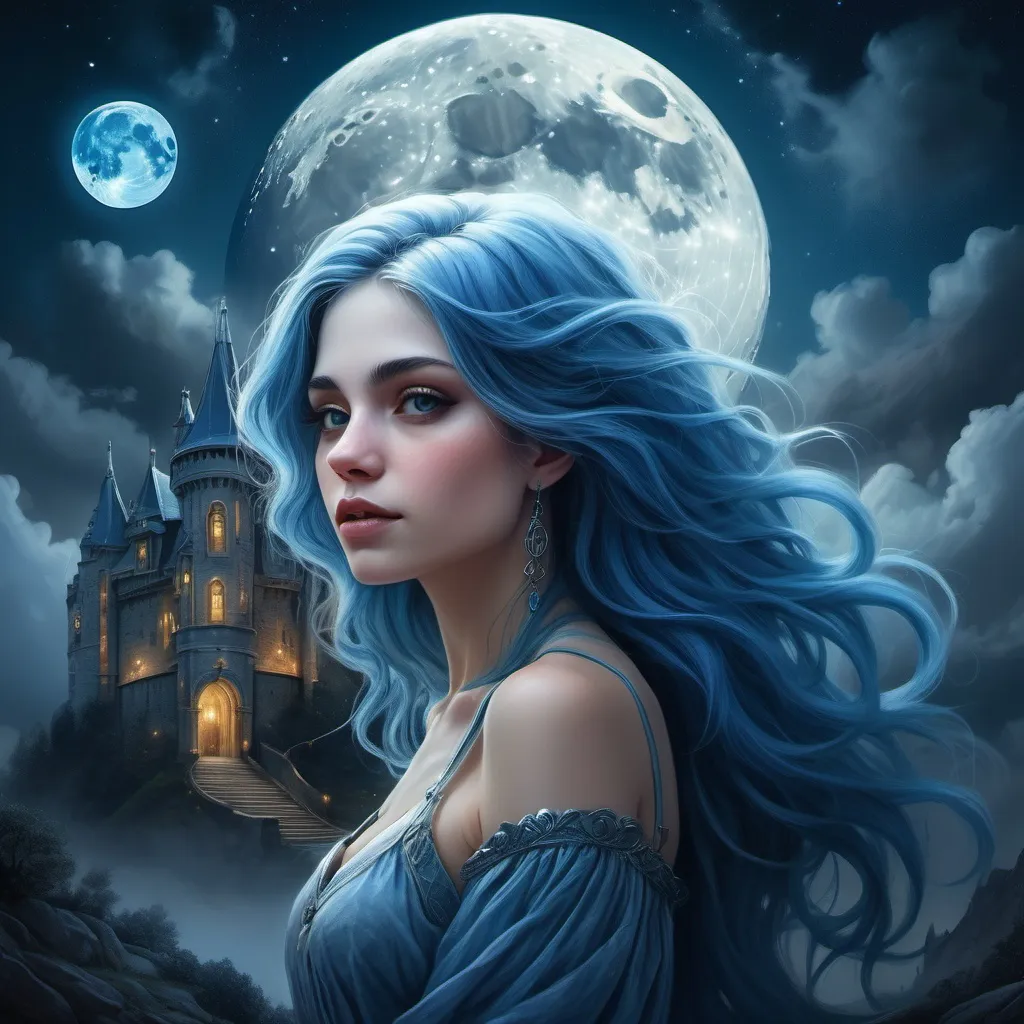 Prompt: (a woman's portrait), blue hair cascading down her shoulders, a majestic castle on the moon, rendered in (fantasy art style), (highly detailed digital painting), illuminated by a full moon glowing bright in the night sky, ethereal and surreal atmosphere, rich textures, crisp details, enchanting light play, captivating moonlit scene, (ultra-detailed), artistic masterpiece.