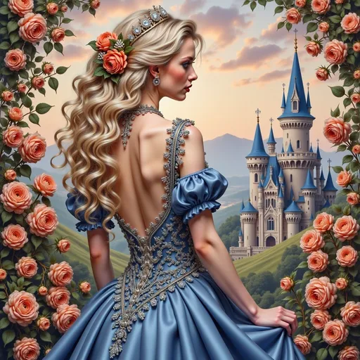 Prompt: Draped in a stunning blue gown adorned with intricate beadwork, a young woman gazes over her shoulder, her long, wavy, platinum-blonde hair cascading down her back. Behind her, a magnificent castle with blue spires towers amidst rolling green hills, all under a soft pastel sky that hints at twilight. Framing the scene are vibrant orange roses that add a touch of romance and warmth, enhancing the enchanting atmosphere. The opulent fabric of her dress contrasts with the delicate floral details, pulling the viewer's eye toward the majestic backdrop, which seems to tell a story of fairy-tale dreams and distant lands. The overall composition captures a blend of elegance and fantasy, evoking a mood of both serenity and wonder.