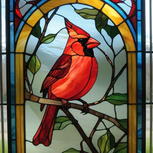 Prompt: Stained glass red cardinal sitting on a branch