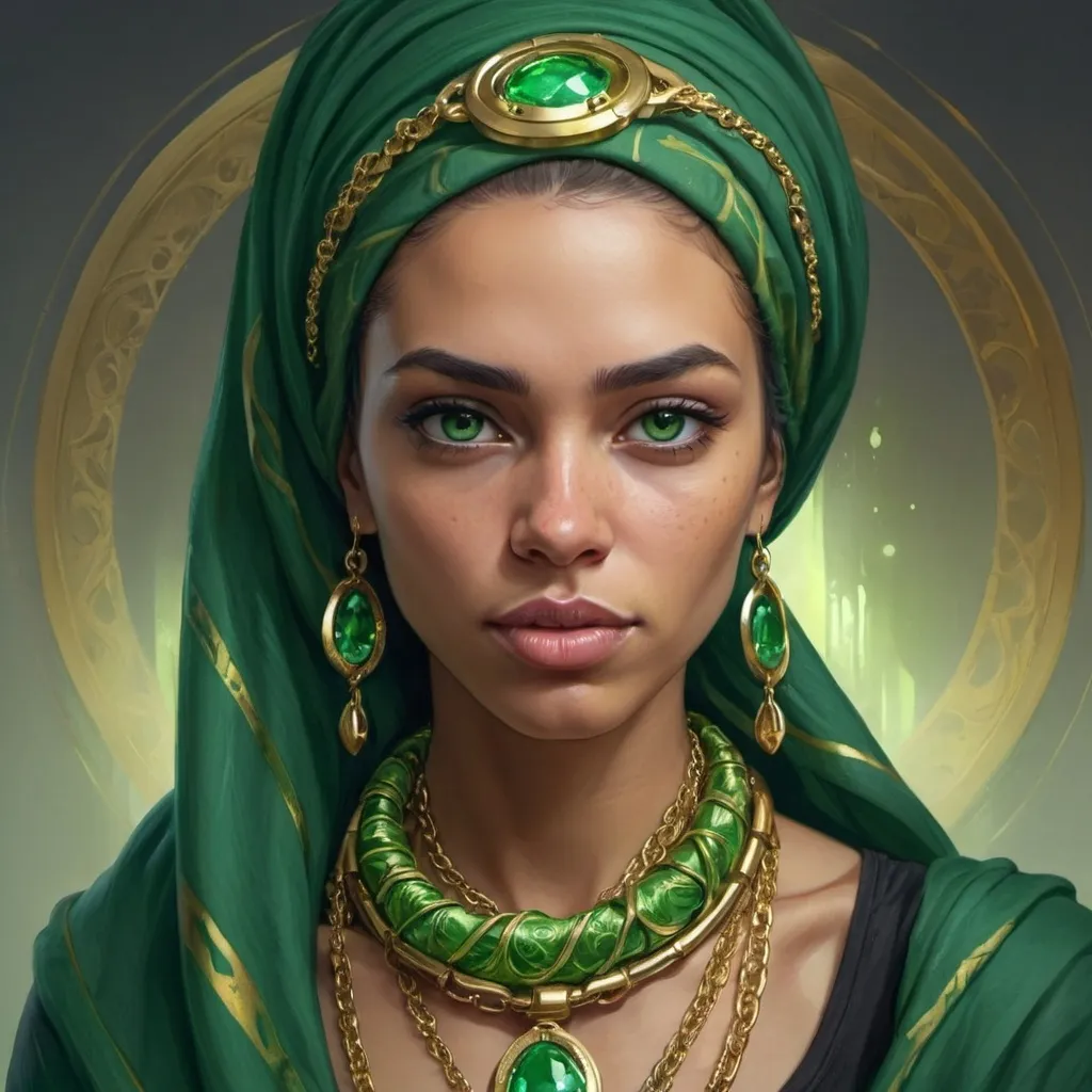 Prompt: a woman with a green head scarf and a green scarf around her neck and a gold necklace on her neck, Android Jones, fantasy art, highly detailed digital painting, a photorealistic painting