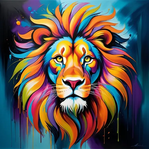 Prompt: Majestic lion with exaggerated features, vibrant and bold brushstrokes, dreamlike atmosphere, high quality, abstract surrealism painting, surrealism, vibrant colors, abstract art, vivid colors, bold brushstrokes, dreamlike, majestic lion