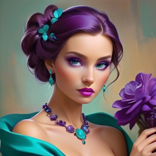 Prompt: Elegant lady in colors of purple and turquoise