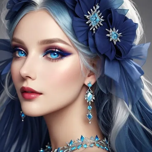 Prompt: A beautiful woman, white hair, blue eyes, blue eyeshadow, blue jewels o