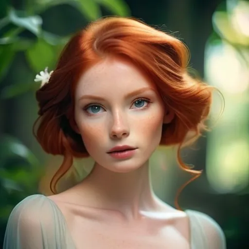 Prompt: Beautiful, elegant, serene woman with ginger hair, ethereal atmosphere, 