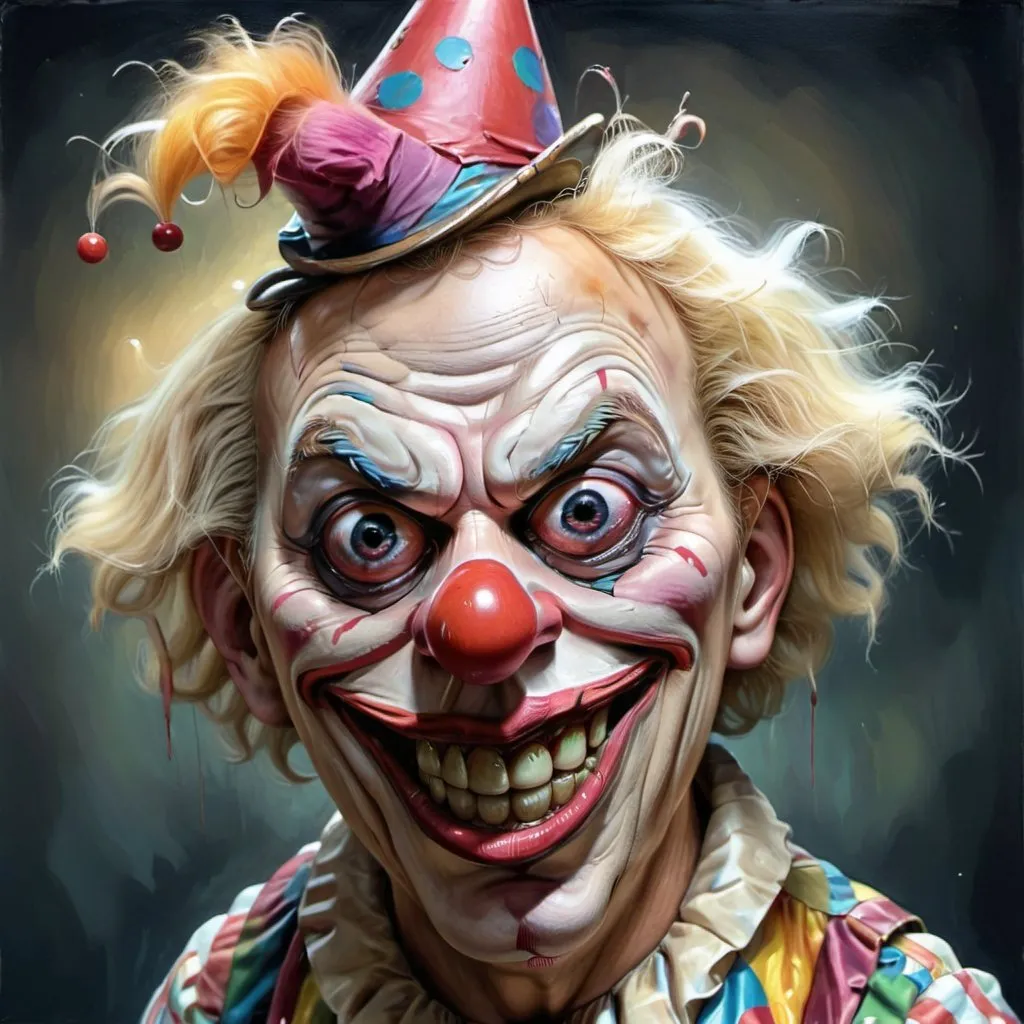 Prompt: Scary, eerie, realistic oil painting of a creepy clown, intense and menacing expression, dark and sinister color palette, detailed facial features, haunting and disturbing atmosphere, high quality, realistic, horror, dark tones, detailed eyes, oil painting, intense lighting