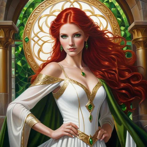 Prompt: a painting of a woman with red hair and green eyes wearing a white dress with gold trim and a red hair, Anne Stokes, fantasy art, kinkade, a detailed painting