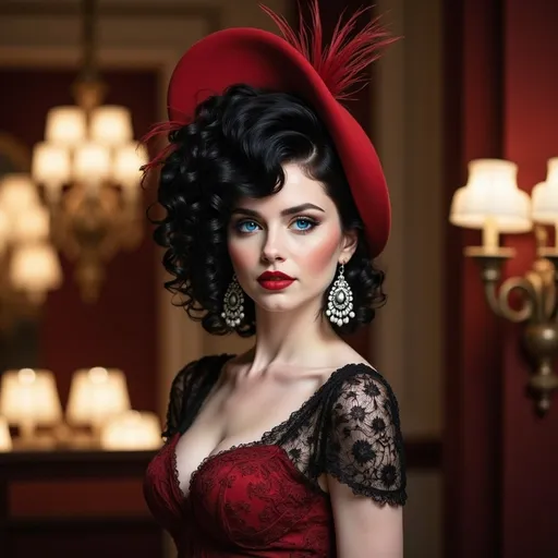 Prompt: With striking elegance, a glamorous woman poses against a soft, neutral backdrop that accentuates her dramatic features and vintage-inspired style. Her voluminous, dark curls frame her face, drawing attention to her bold makeup—defined cheekbones, smoky eyes, and deep crimson lips that exude sophistication and allure. A vibrant red hat sits stylishly atop her head, complementing oversized black drop earrings that add a touch of opulence. The overall ambiance is reminiscent of classic Hollywood glamour, conveying a sense of timeless beauty and confidence that captivates the viewer. The carefully crafted composition emphasizes her poised demeanor, inviting intrigue into the narrative of her persona.