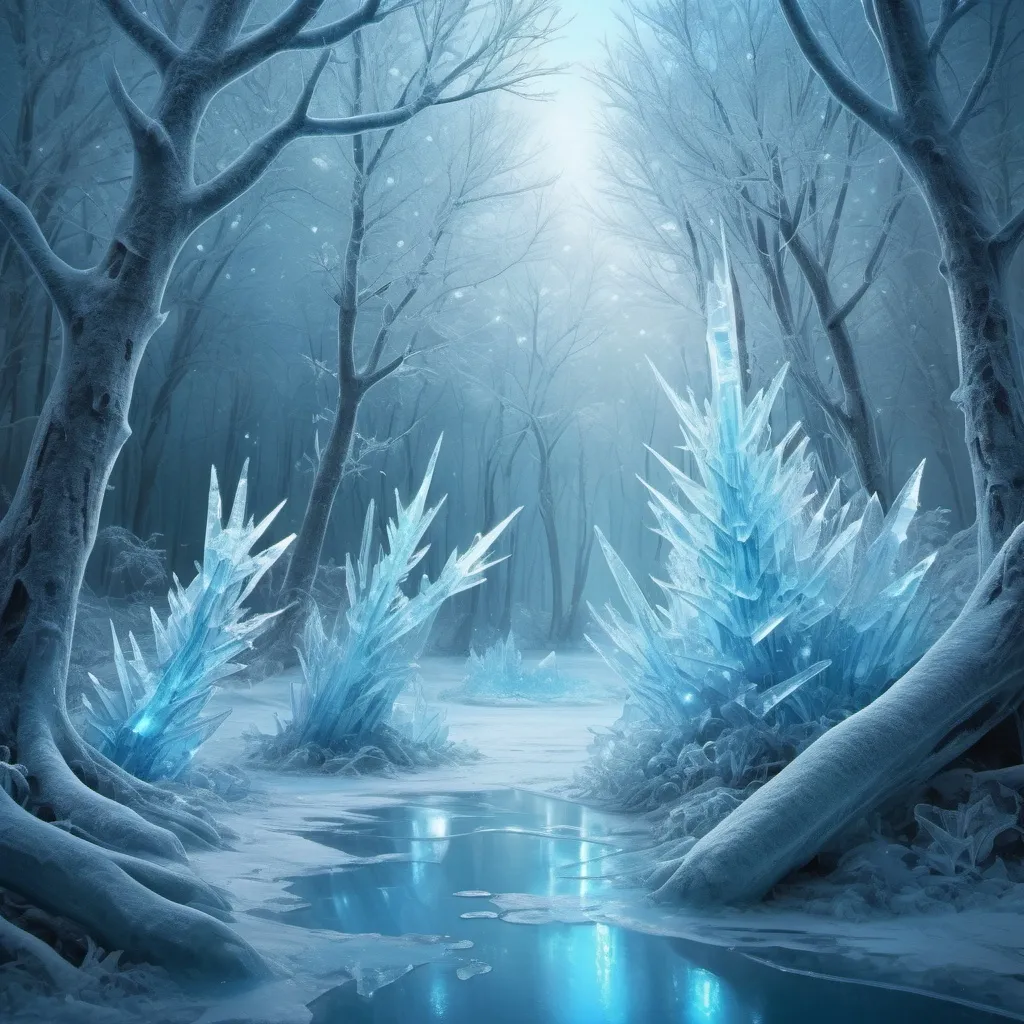 Prompt: Icy blue digital painting of a mystical frozen forest, sparkling snowflakes, ethereal ice sculptures, high quality, surreal, dreamy, icy blue tones, glowing crystals, magical lighting