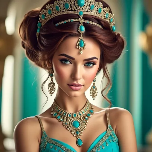 Prompt: <mymodel>An extremely gorgeous woman,  with turquoise jewels, in color scheme of turquoise and magenta