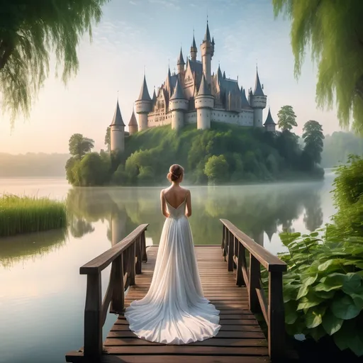 Prompt: A serene landscape unfolds as a graceful woman in a flowing white gown stands at the edge of a wooden walkway, gazing towards a majestic castle that rises in the distance. The castle, with its fairy-tale towers and intricate architecture, is framed by lush greenery and reflected in the tranquil waters of a lake, creating a dreamlike quality. Soft morning light filters through mist, casting a golden hue over the scene, while delicate water lilies float nearby, enhancing the enchanting atmosphere. The composition draws the viewer's eye from the foreground, where the woman’s elegant silhouette contrasts with the grandeur of the castle, evoking feelings of wonder and romance in this idyllic setting.