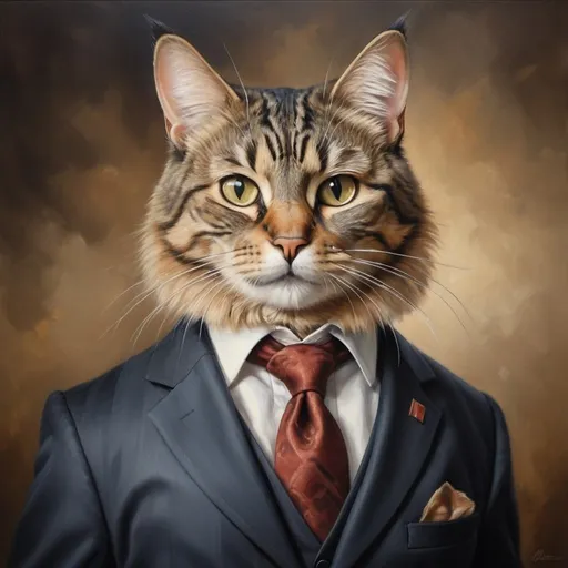 Prompt: Tabby cat in a tailored suit, realistic oil painting, confident stance, detailed whiskers and fur, high quality, professional, classic style, warm tones, dramatic lighting
