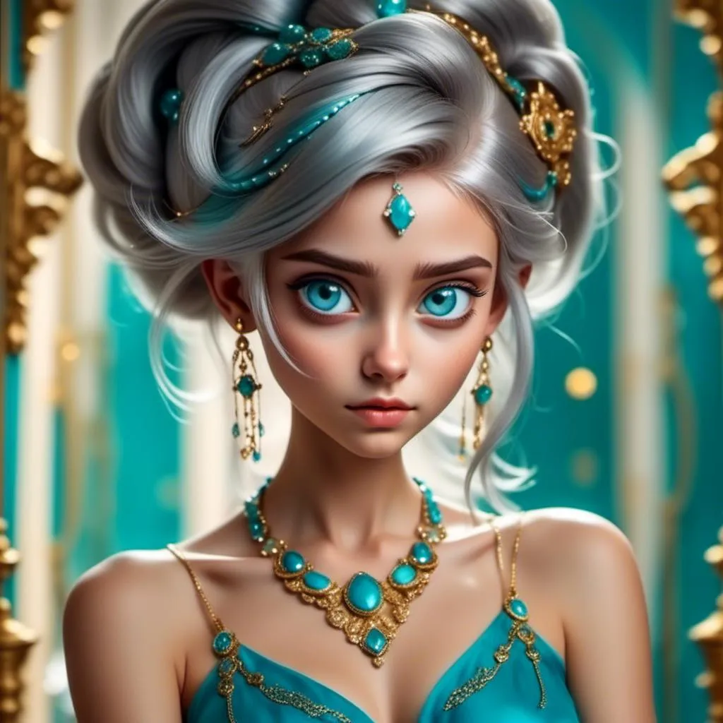 Prompt: <mymodel>An extremely gorgeous woman,  with turquoise jewels, in color scheme of turquoise and gold