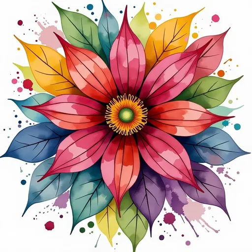 Prompt: This image is a vibrant digital watercolor illustration of a large, stylized flower. The flower is the central focus, featuring a symmetrical arrangement of twelve elongated petals. The petals are predominantly pink with gradients of red, orange, and yellow, creating a dynamic and colorful effect. The center of the flower is a small, circular, yellow-green core with intricate, radial lines. Surrounding the flower are large, overlapping leaves in various shades of blue, green, and purple, adding to the overall color palette. The background is white, which makes the vivid colors of the flower and leaves stand out prominently. The watercolor technique is evident through the use of fluid, splattered ink around the edges of the flower and leaves, adding a sense of movement and spontaneity. The texture of the illustration is smooth with visible brush strokes and ink splatters, giving it a lively and artistic feel. The overall style is modern and abstract, with a focus on bright, contrasting colors and fluid forms. The image is a digital artwork, characterized by its vibrant colors and dynamic composition.