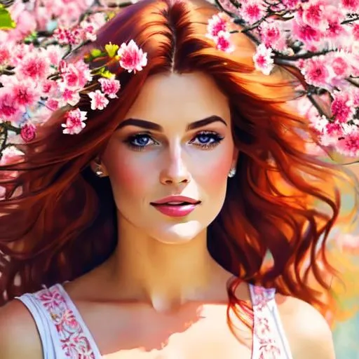 Prompt: a beautiful woman , auburn hair, lots of pretty pink flowers