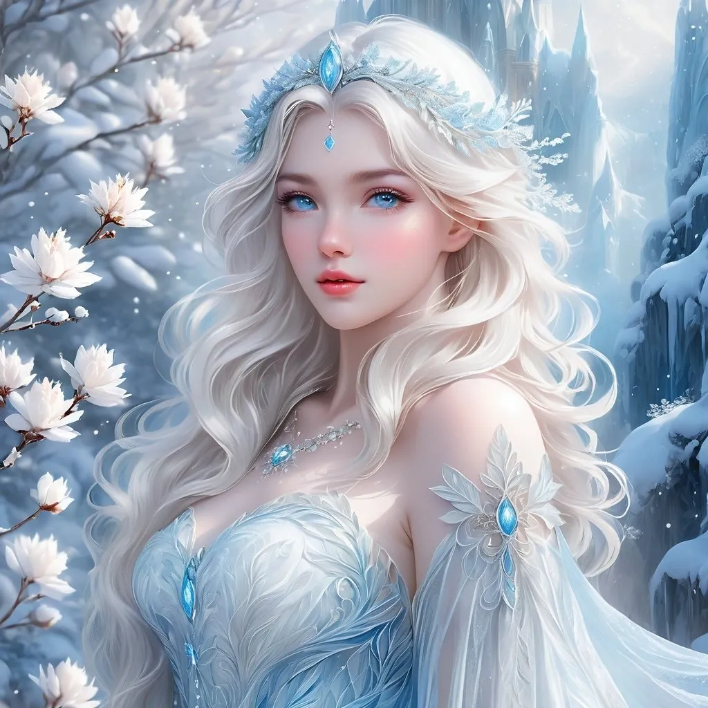 Prompt: High-quality digital painting of a beautiful woman with snow white hair and pastel highlights, frosty blue eyes, ethereal and otherworldly, intricate icy details, soft and delicate features, pastel color palette, dreamlike atmosphere, fantasy, digital painting, detailed hair, ethereal beauty, delicate features, pastel tones, fantasy art, high quality, dreamy lighting