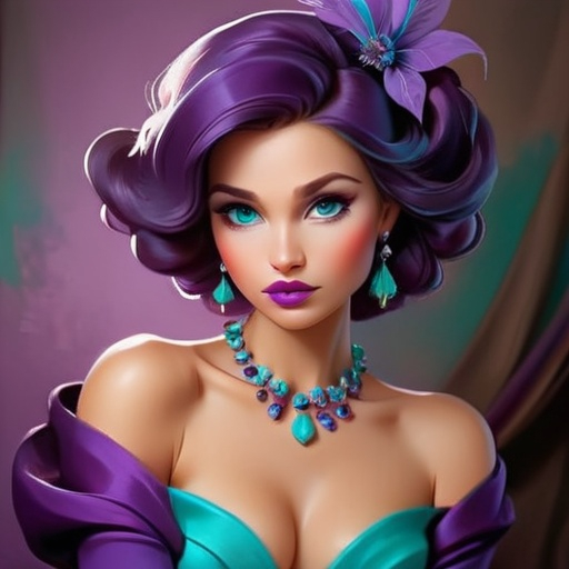 Prompt: Elegant lady in colors of purple and turquoise