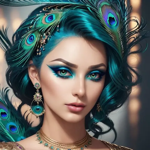 Prompt: Gorgeous woman with beautiful makeup and hair, peacock feathers, high-quality, detailed, realistic, elegant, vibrant colors, professional makeup, glamorous lighting, 4k resolution, portrait, detailed facial features, luxurious, exotic, peacock feathers, elegant hairstyle, stunning makeup, beauty shot