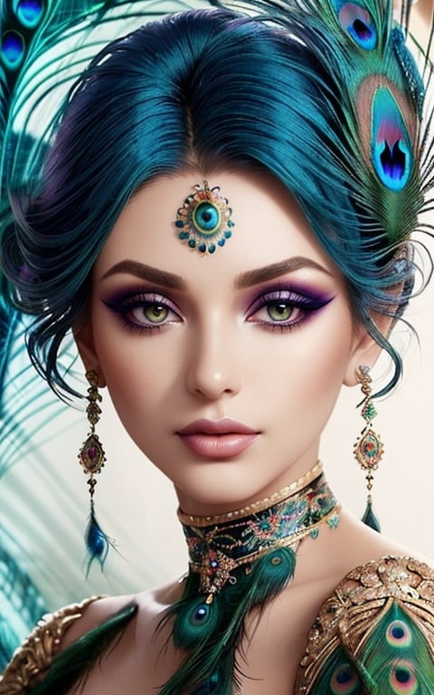 Prompt: Gorgeous woman with beautiful makeup and hair, peacock feathers in her hair, high-quality, detailed, realistic, elegant, vibrant colors, professional makeup, glamorous lighting, 4k resolution, portrait, detailed facial features, luxurious, exotic, peacock feathers, elegant hairstyle, stunning makeup, beauty shot