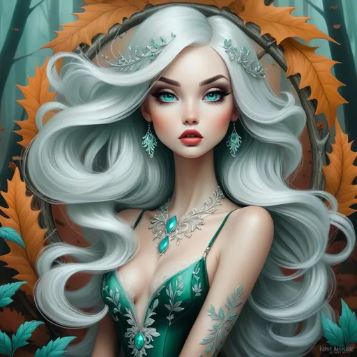 Prompt: The beautiful young lady with blowing platinum hair illustration art by Lori Earley, Daria Endresen, Tristan Eaton. Whimsical forest background, Extremely detailed, intricate, beautiful. 

