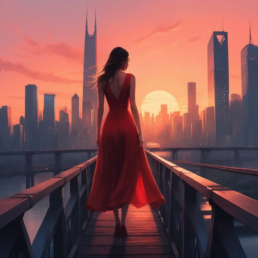 Prompt: a woman in a red dress is standing on a bridge with a city skyline in the background at sunset, Alena Aenami, romanticism, city background, a matte painting