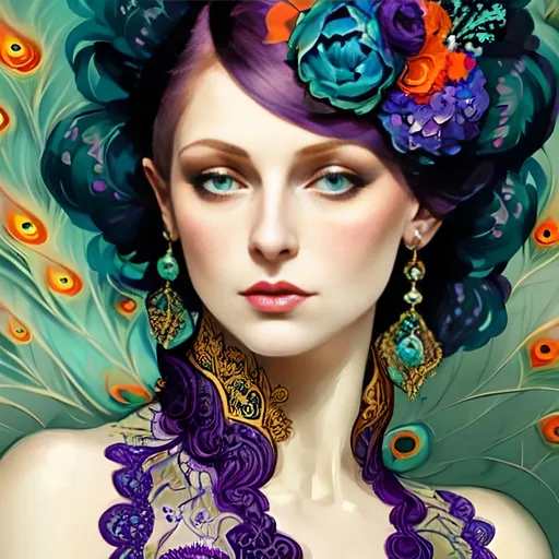 Prompt: dynamic composition of a pale skinned woman with hair of flowers and peacock plummage  of aqua, orange and purplepurple, ornate details,lacey clothes, facial closeup