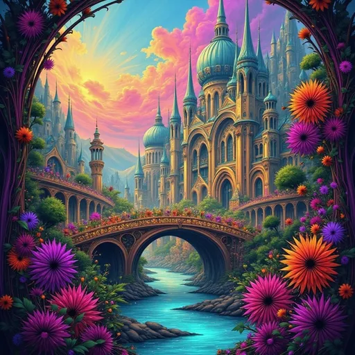 Prompt: A breathtaking fantasy landscape unfolds, featuring grand, ornate architecture adorned with vibrant flowers and lush greenery. Towering spires and domes, highlighted by intricate details, rise majestically against a sky swirling with vivid colors, suggesting a magical atmosphere. A serene river mirrors the splendor of the structures, while gentle arches bridge the scene, inviting exploration. The composition employs a harmonious blend of warm and cool tones, bathed in ethereal light that enhances the dreamlike quality. This scene captures a sense of wonder and whimsy, inviting the viewer into a world where nature and architecture coexist in perfect harmony.