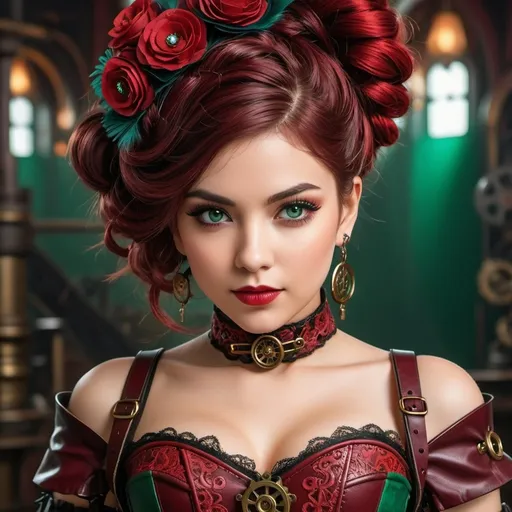 Prompt: Ava. A stylish lady with a corseted leather bodice, layered lace skirt, knee-high boots with gears, and fingerless gloves. her hair is a vibrant shade of crimson, styled in intricate braids and adorned with gears and feathers. it falls just below her shoulders. her eyes are a striking emerald green. Steampunk. Anime style. UHD, 8K,