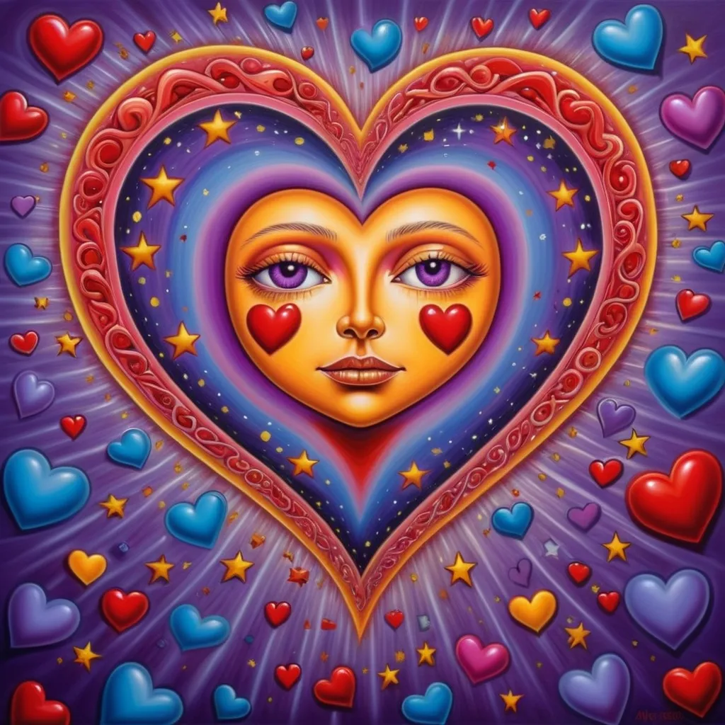 Prompt: a heart with a face and many hearts around it, with stars and hearts around it, and a purple background, Alex Grey, pop surrealism, cheerful, a pop art painting