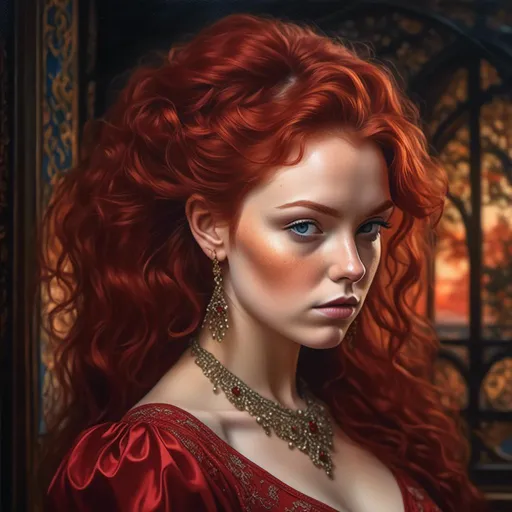 Prompt: a woman with red hair wearing a red dress and a necklace , highly detailed digital painting, a photorealistic painting <mymodel>