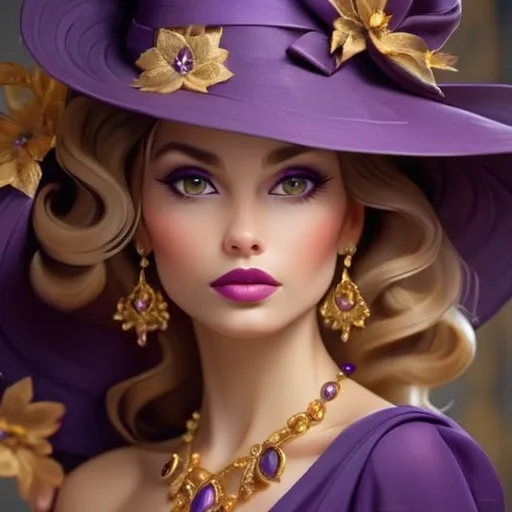 Prompt: Elegant lady in colors of purple and gold