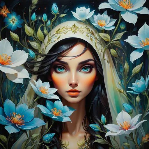 Prompt: Beautiful  hybrid woman with flowers sprouting from her, oil painting, ethereal glow, dark and mysterious, high quality, vibrant colors, surreal, haunting, intricate floral details, intense gaze, mystical atmosphere, oil painting,  ethereal, vibrant colors, surreal, haunting, floral details, intense gaze, mystical atmosphere