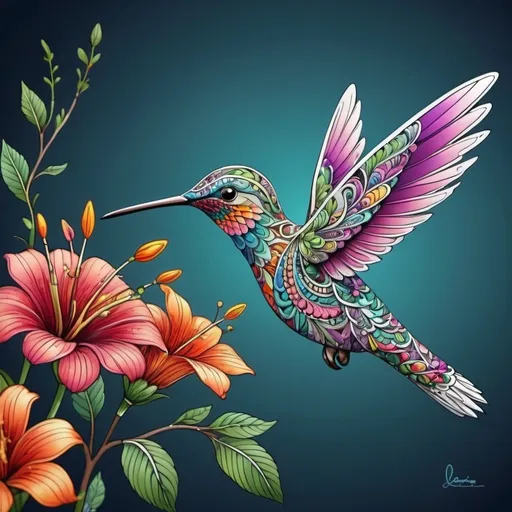 Prompt: (zentangle hummingbird), intricate patterns, graceful wings, elaborate detailing, vibrant colors, bold outlines, whimsical design, serene ambiance, floral accents, lush background, gentle flow of feathers, artistic expression, high contrast, eye-catching, mesmerizing composition, suitable for relaxation and mindfulness, ultra-detailed, harmonious aesthetics.