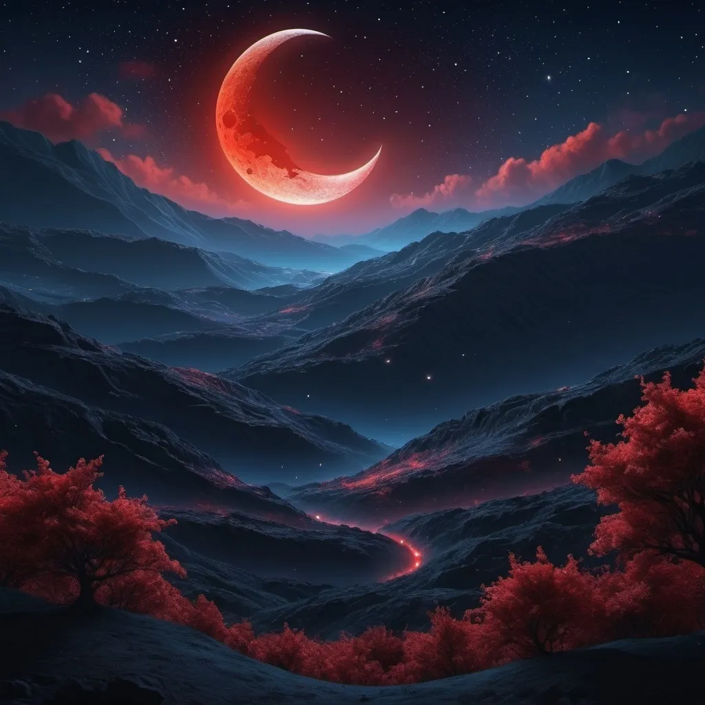 Prompt: masterpiece, 4k, hd , detailed, art , digital art, digital illustration, Crecent moon red glow, Night sky with stars