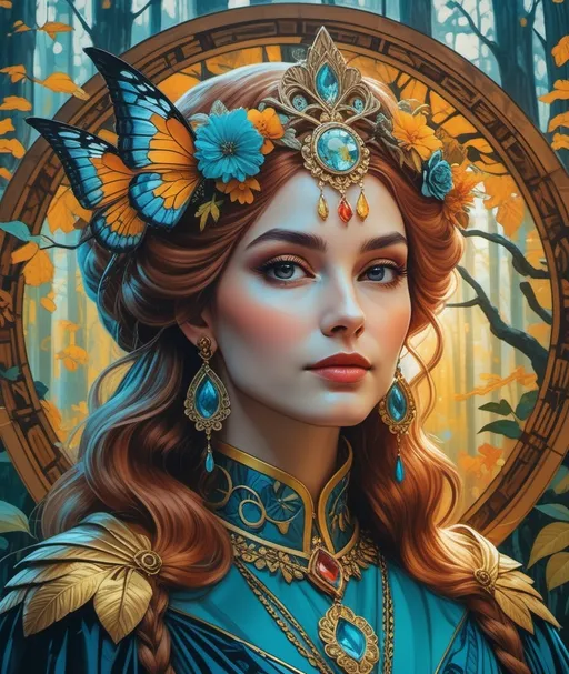 Prompt: Queen Mage Mab Fairy tale, in the style of renaissance perspective and anatomy, biblical iconography, Cameo, Konstantin Chaykin, Sandra Chevrier, vibrant mystical palette, smiling, mischievous, devious, cloudy, intricate illustrations, magical forest columns and totems, royalcore, energy-filled illustrations, undefined anatomy, New Age Aesthetic, focus on eyes, in the style of golden ratio, Kodak Ektar 100, Nikon d850