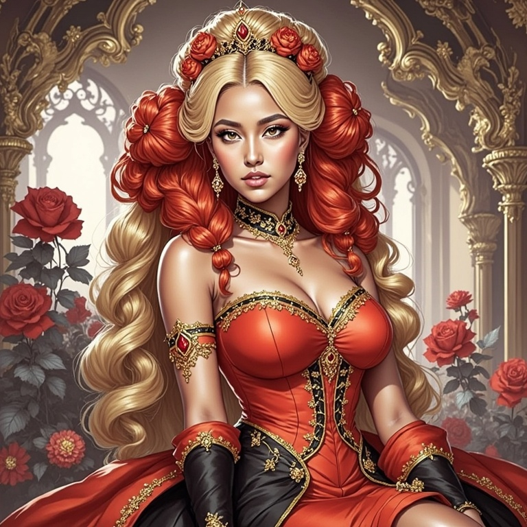 Prompt: <mymodel> a woman in a red dress with gold trimmings and a tiara on her head and shoulders, Chen Hong, fantasy art, highly detailed digital painting, a detailed painting