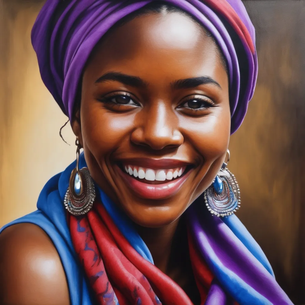 Prompt: <mymodel> a painting of a black  woman wearing a red, purple, and blue scarf and head scarf with a smile on her face, Arie Smit, photorealism, photorealistic portrait, a photorealistic painting