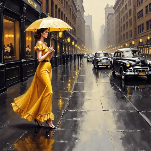 Prompt: a woman in a dress holding a  umbrella walking in the rain on a city street with cars, Art Frahm, american scene painting, kinkade, an art deco painting
