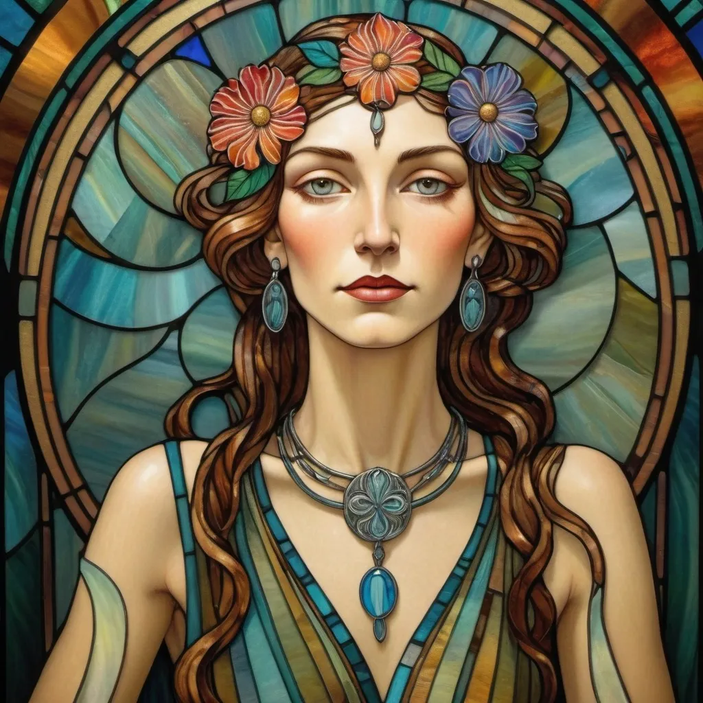 Prompt: a painting of a woman with a flower in her hair and a necklace on her neck, with circles around her neck, Amanda Sage, art deco, art nouveau fashion embroidered, an art deco painting