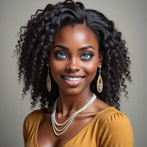 Prompt: With a radiant smile that exudes warmth and confidence, the young woman gazes directly at the viewer, her expressive eyes sparkling with joy. Her voluminous, dark, curly hair cascades down elegantly, framing her face and accentuating her striking features. Adorned in a mustard-yellow top, she complements her look with intricate golden earrings and layered pearl necklaces, which add a touch of sophistication. The soft, neutral background subtly enhances her vibrant presence, creating a harmonious balance that draws attention to her captivating beauty. The mood is one of elegance and approachability, inviting onlookers to share in her moment of grace.