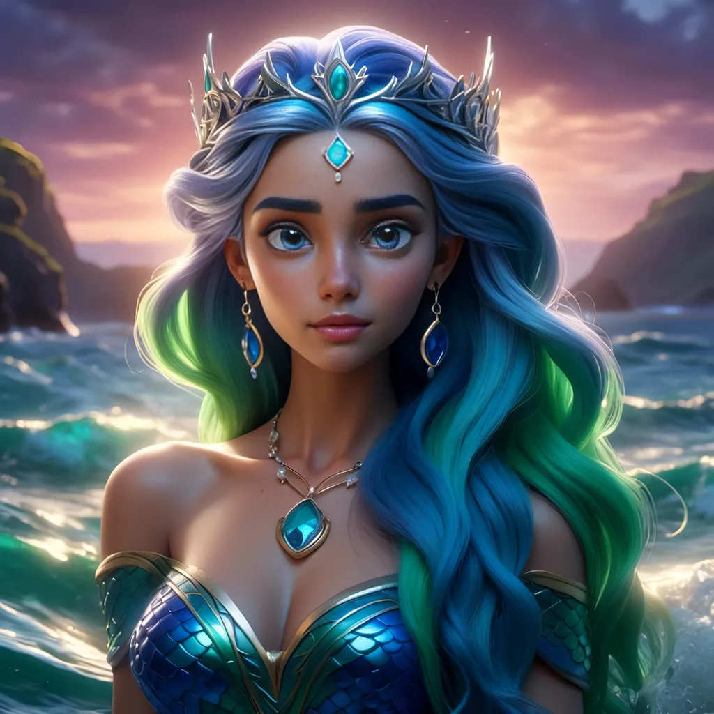 Prompt: <mymodel>HD 4k 3D 8k professional modeling photo hyper realistic beautiful woman ethereal greek goddess druid mermaid
cobalt blue hair olive skin gorgeous face  jewelry druid crown colored mermaid tail full body surrounded by ambient glow hd landscape under lush celtic waters

